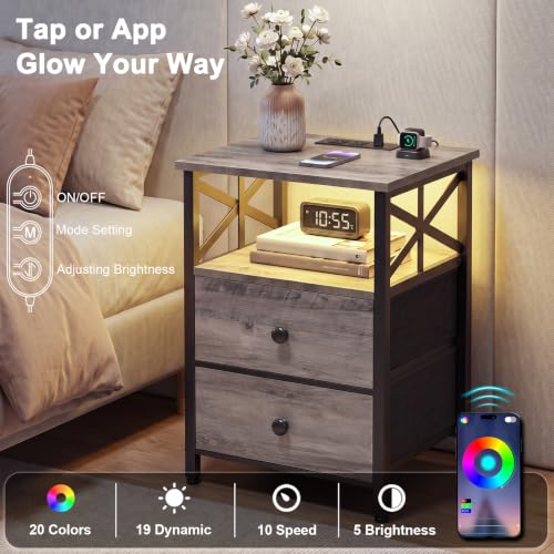 AMHANCIBLE Nightstands Set of 2 with Charging Station & RGB LED Lights - Greige