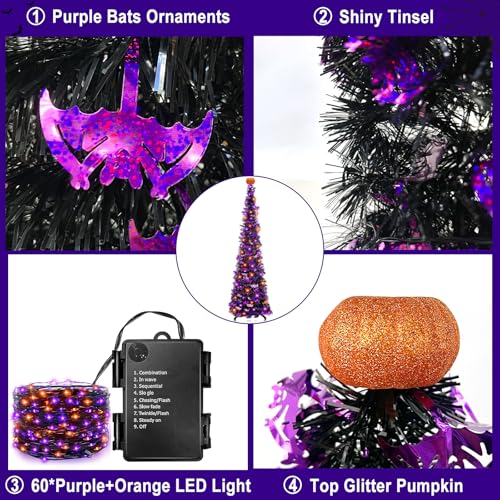 6 Ft Black Tinsel Halloween Tree with Purple Bats & LED Lights - Decor