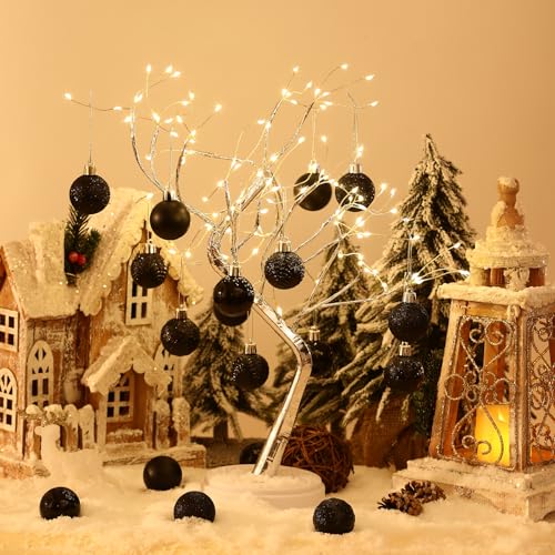 34ct Black Mini Christmas Ball Ornaments Shatterproof Plastic Tree