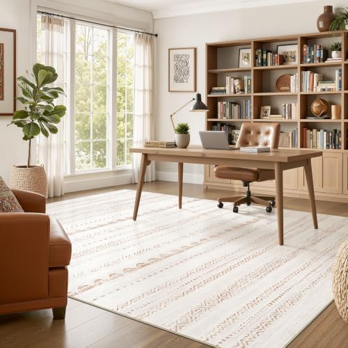 Beige Brown 8x10 Boho Area Rug - Machine Washable, Non-Slip, Soft for Living Room