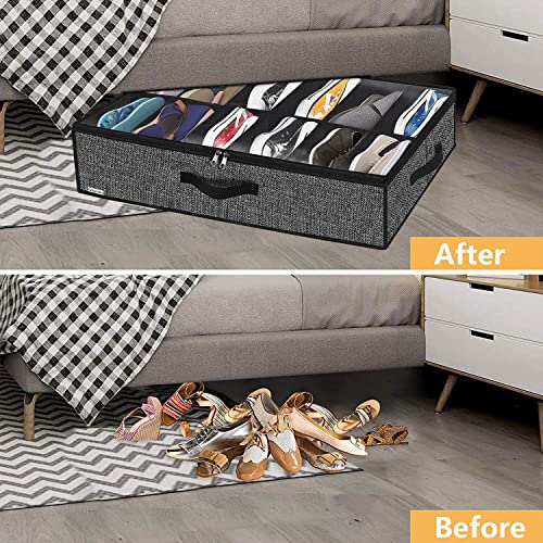 Under Bed Shoe Storage Organizer 4-Pair Linen-Like Black Space Saver