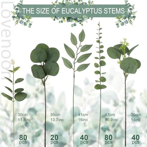Artificial Eucalyptus Stems Bulk - 260 Green Faux Greenery for Wedding & Home Decor - Variation of 260