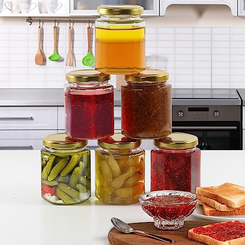 6 oz Honey Jars with Gold Lids & Wooden Dippers - 30 Pack, Hexagon Glass