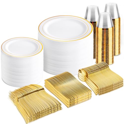 bUCLA Gold Disposable Dinnerware Set 600pcs - Includes Plates, Cups, Cutlery for Party & Events