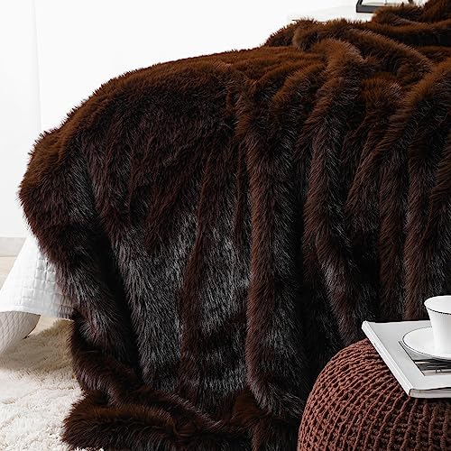 BATTILO HOME Faux Fur Throw Blanket, Luxury Fluffy Brown Blankets,