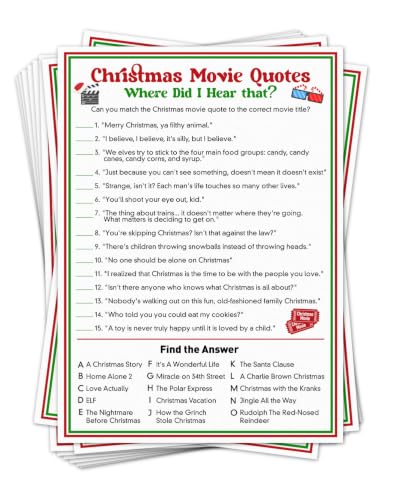 Christmas Movie Trivia Game Cards - Match Quotes to Films, Party & Family Fun
