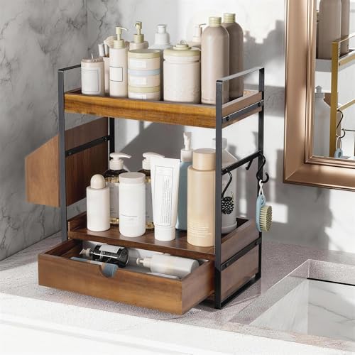 Acacia Wood Bathroom Counter Organizer with Drawer - Dark Brown, 2-Tier Vanity Shelf