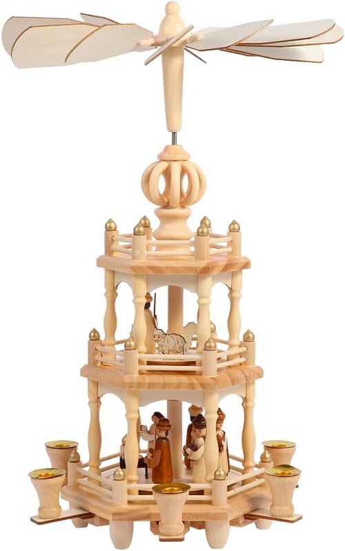 Christmas Pyramids - 18-Inch Wooden Nativity Scene Carousel with 6 Candle Holders | 3 Tiers