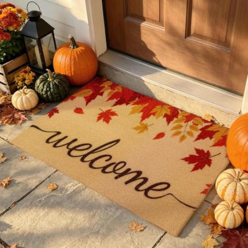 Fall Welcome Door Mat 24x36 Inches with Maple Leaves Non Slip Outdoor Indoor