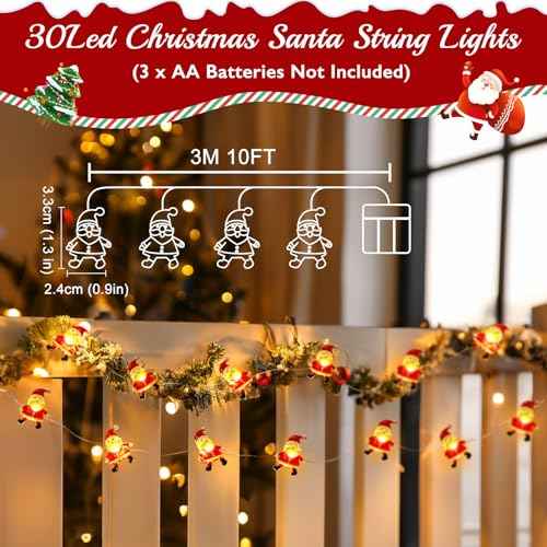 Christmas Decorations Indoor Lights, 10FT 30 LED Christmas Santa Claus Fairy String Lights Battery Operated for Xmas Tree Party Festive Holiday Christmas Gifts Cute Room Decor