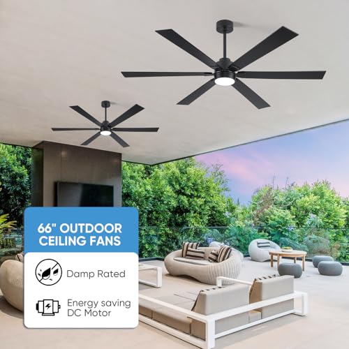 Black 66 Inch Outdoor Ceiling Fan with Light & Remote - Damp Rated