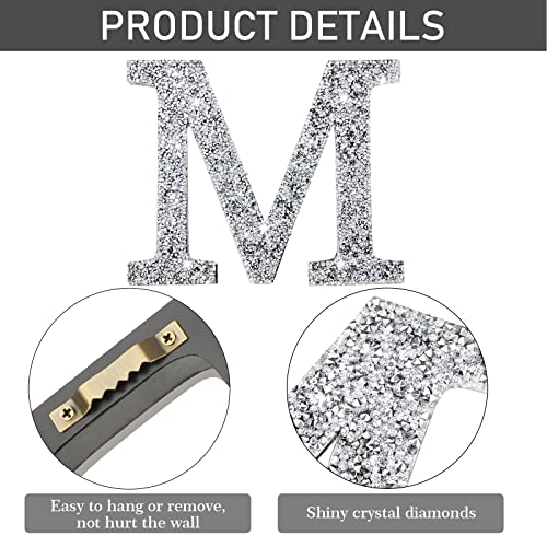 Qunclay Crystal Diamond Bling Letters Crushed Diamond Decorations Wooden Glitter Letters with Screw and Hooks Rhinestone Gifts for Christmas Wedding Bedroom Wall Decor(5.7"l X 5.7"w,Letter M,Silver)