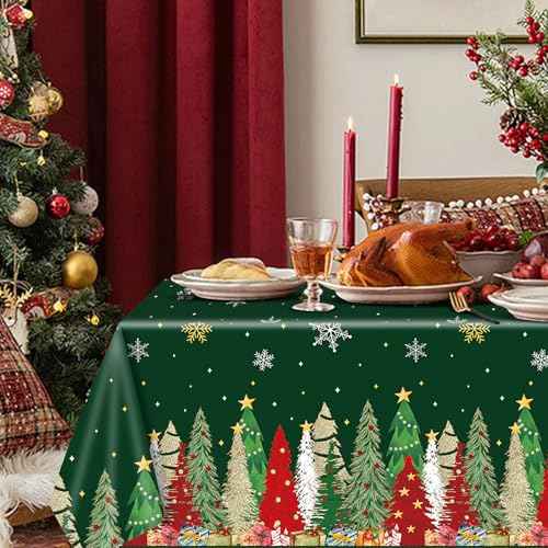 3 Pcs Christmas Tablecloth - Xmas Tree Plastic Table Cloth, 54 x 108 Inch Green Xmas Disposable Rectangle Table Cover with Snowflake Pattern for Christmas Party, Winter Holiday Dinner Decoration