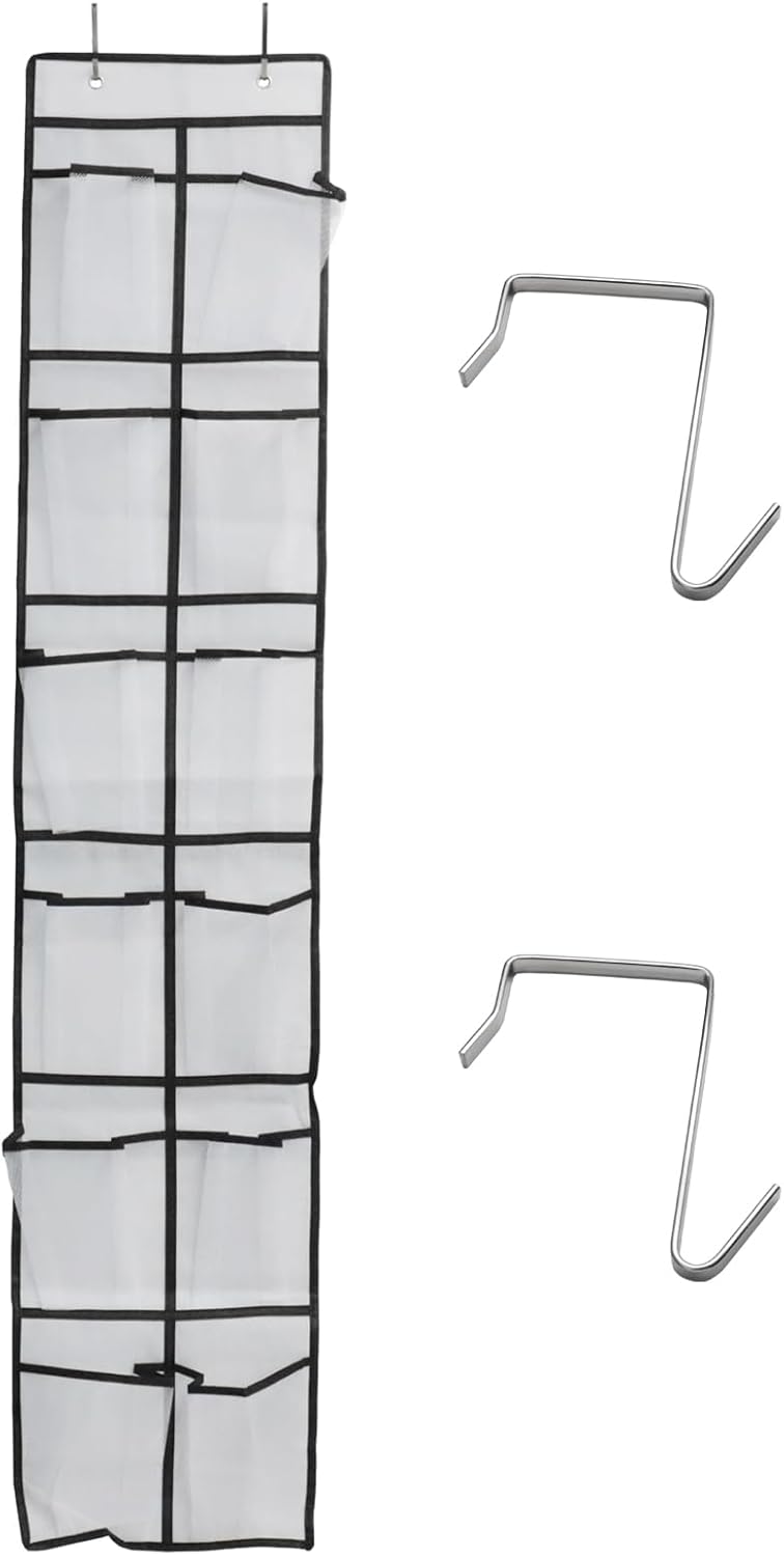 Over The Door Shoe Organizer - 12 Mesh Pockets With 4 Metal Hooks | Space-Saving Storage Solution (White)
