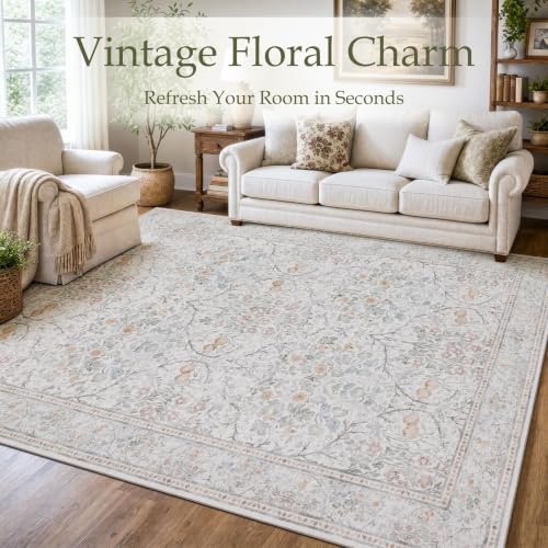 Beige 5x7 Area Rug with Floral Pattern - Washable Faux Cashmere Living Room Carpet - JOLLYVOGUE Variation