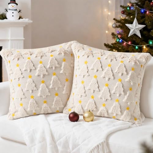 AOLIME Christmas Tree Pillow Covers Set of 2 18x18 Inch Double-Sided Embroidered Faux Fur Holiday Decor