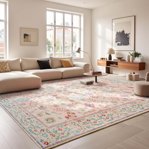 8x10 Pale Pink Floral Rug for Girls Room Non Slip Washable Boho Low Pile Carpet