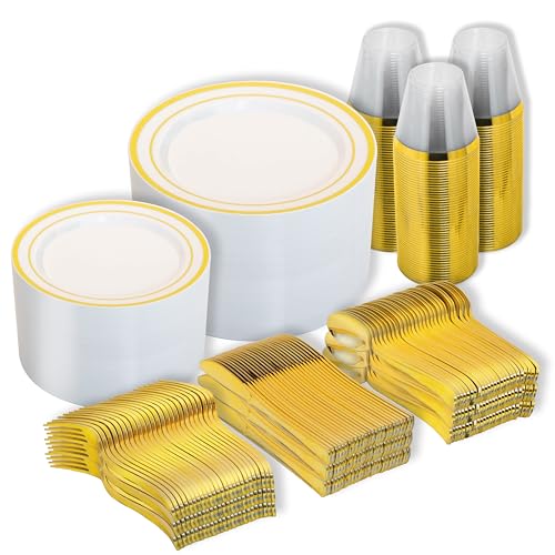 Disposable Plastic Dinner Plates - White & Gold, 10-Inch, Heavy Duty, 600PCS - Gold Variation