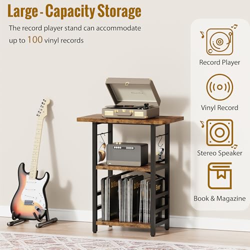 Record Player Stand with Vinyl Storage and Extended Desktop - Rustic Brown