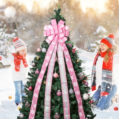 Pink Christmas Tree Topper Bow 52x13 Inches with Snowflake Pattern for Xmas Holiday Decor