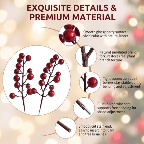 VASANA 10-Pack 8-Inch Artificial Red Berry Stems for Christmas Wreaths & Decor