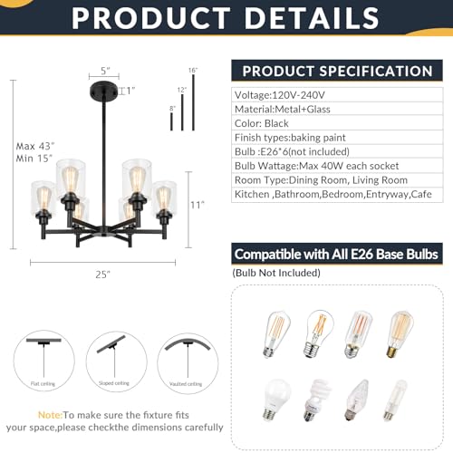 Black Farmhouse Chandelier for Dining Room - 6-Lights D25" Variation of THIS listing