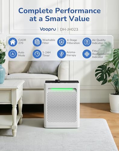VOOPNU White Large Room Air Purifier with CADR 270, Washable Filter, Sleep Mode