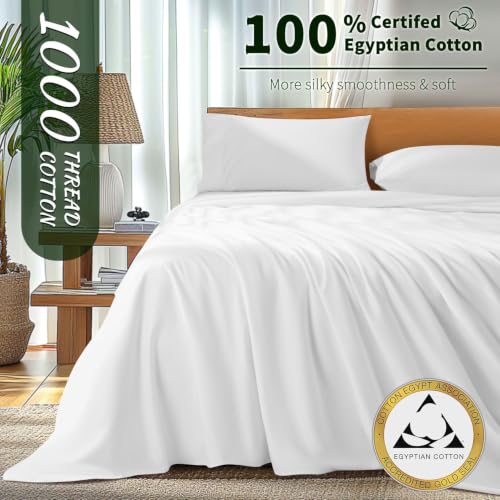 Queen White Egyptian Cotton 1000 Thread Count Bed Sheet Set - Luxury & Soft