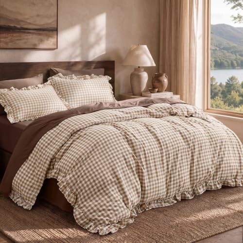 Bedsure Brown Gingham Ruffle Duvet Cover Set - Queen 90x90 Inches