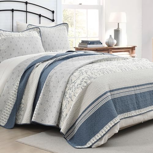 Queen Cotton Quilt Set with Botanical Stripe Design - Moonlight Blue & Gray
