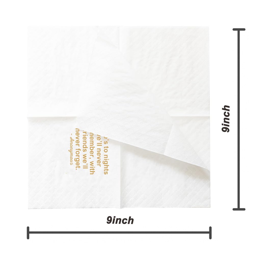 SharkBliss Funny Quotes 100 Pack Here's To Nights We'll Never Remember With Friends We'll Never Forget Cocktail Napkins For Bachelor Birthday Wedding Anniversary 2-Ply, 5x5" (Here's To Nights)