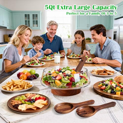 Large Glass Salad Bowl Set with Lid and Wooden Base - 5 Qt, Includes Salad Servers
