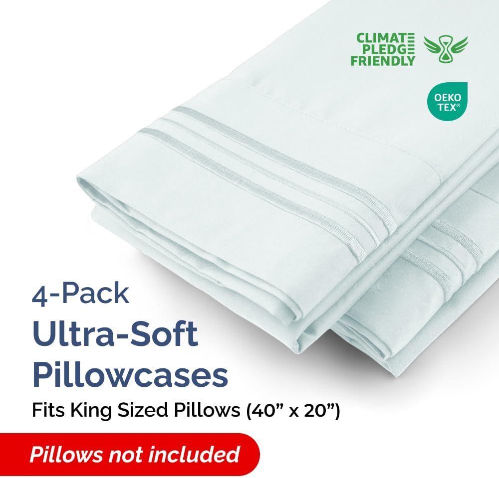 King Pillow Cases by [Brand Name] - Ultra Soft Hotel Quality Covers | Wrinkle-Free & Stain Resistant - Ice Blue - Set of 4