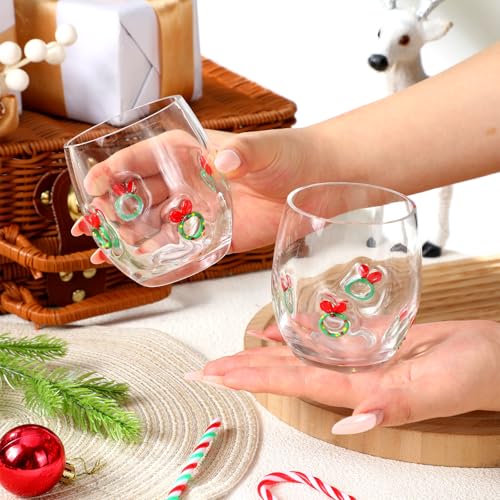 FoldTier Christmas Wreath Stemless Wine Glasses Set, 4 Pcs Holiday Decor
