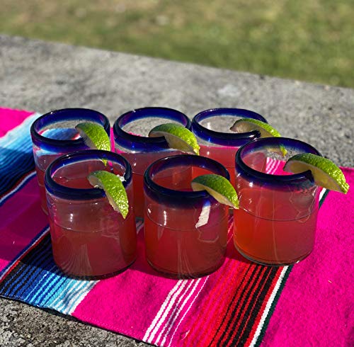 Mexican Hand Blown Glass Tumblers Set of 6 - Blue Rim 10 oz Drinking Glasses