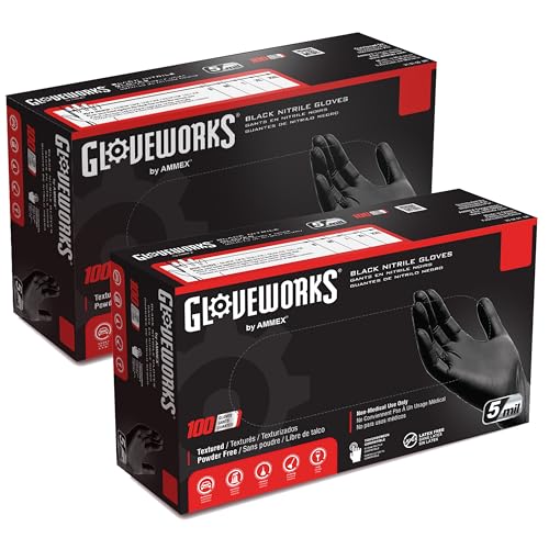 GLOVEWORKS Black Nitrile Gloves 5 Mil Disposable Large – 2 Boxes of 100