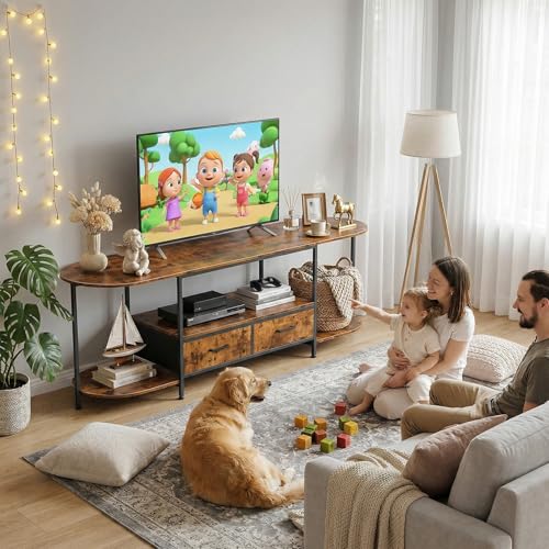 Faesun 63-Inch Modern TV Stand for 65-75 Inch TVs with Curved Edge & Fabric Drawers, Rustic Brown