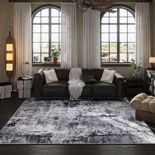 Washable 6x9 Abstract Area Rug - Grey & Black Low Pile Home Decor - Rugcomf Variation