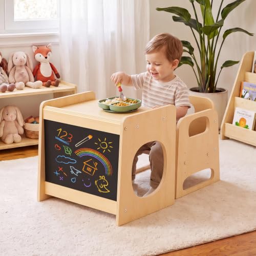 Natural Montessori Toddler Table and Chair Set with Adjustable Height - Baby Proofed Kids Learning & Eating Furniture