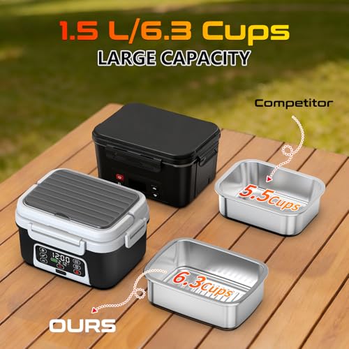 Omboos Black Cordless Electric Heated Lunch Box 6.3 Cups | Self-Heating, Rechargeable, Leakproof, Removable Divider