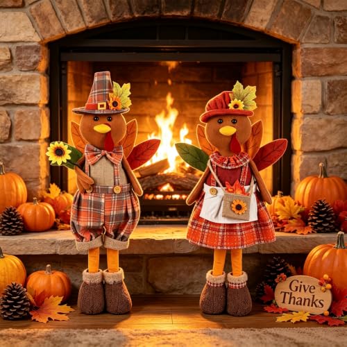 Set of 2 Adjustable Thanksgiving Turkey Couple Figurines - Fall Harvest Decor