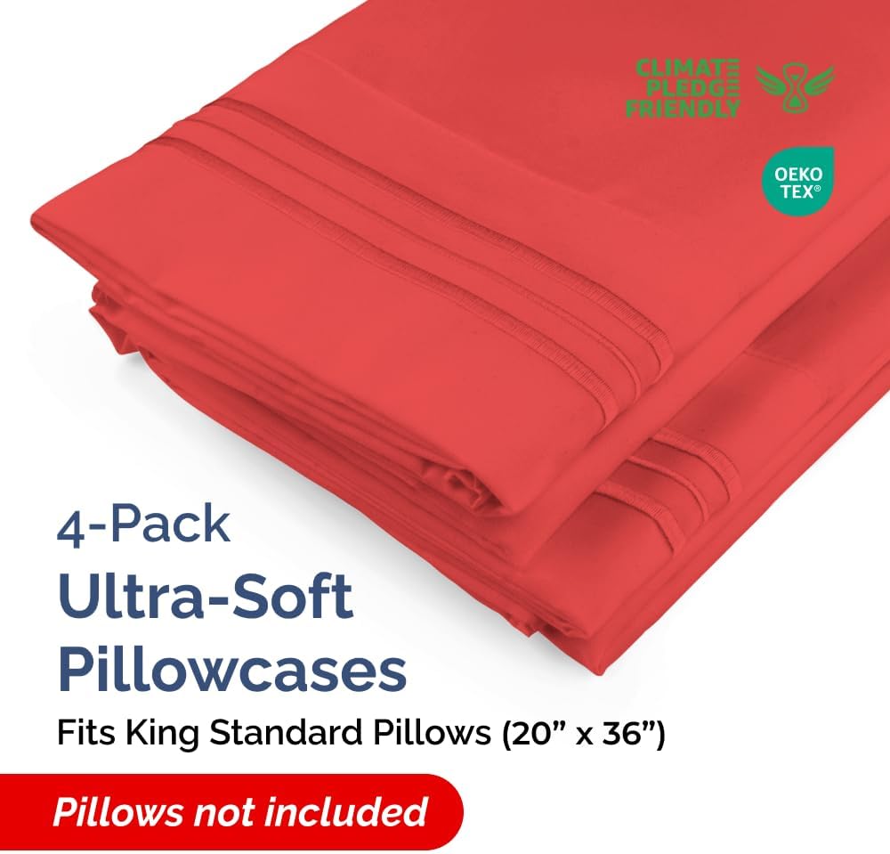 King Standard Pillow Cases - Soft Hotel Quality Covers for Ultimate Comfort | Set of 4 Red