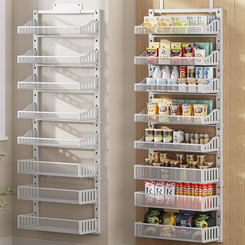 POKIPO White 8-Tier Over the Door Pantry Organizer - Heavy-Duty Metal Spice Rack, Wall Mount or Hanging Kitchen Storage Shelf