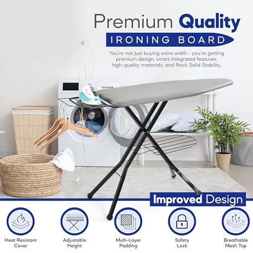 BKTD Extra-Wide Ironing Board 48x18 with Built-In Clothes Rack & Iron Rest