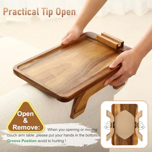 SINWANT Acacia Wood Couch Arm Tray 15.35x9.84 in Clip-On Sofa Table with Phone Holder