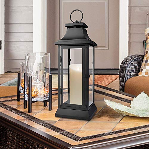 Large Black Metal Hurricane Lantern with Clear Glass Panels - 20 Inch Tall, Tabletop & Hanging Decor