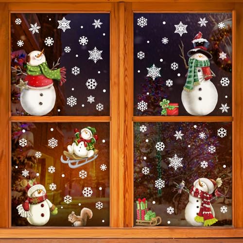 XINMEIXIN Christmas Snowflake & Snowman Window Stickers - Warmth Edition, 90 Pcs