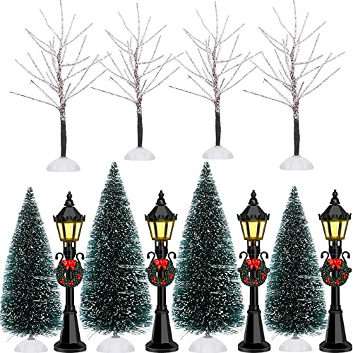 Mini Christmas Trees and Lamp Post Set - Winter Village Decor, 12 pcs