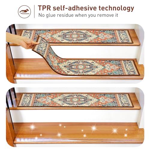 Red 8x30 Inch Non-Slip Carpet Stair Treads 15 Pack with Reusable Adhesive for Wooden Steps, Kids, Pets - Bohemia Style