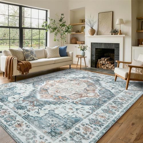 9x12 Light Blue Vintage Washable Area Rug for Living Room & Bedroom - SimpWalnut
